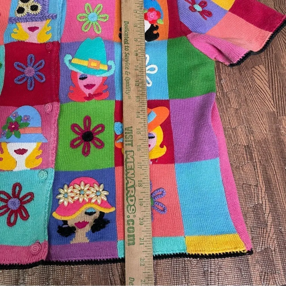 Michael Simon‎ Vintage Embroidered Patchwork 3D faces hats cardigan top size L Pink Size L - Image 7