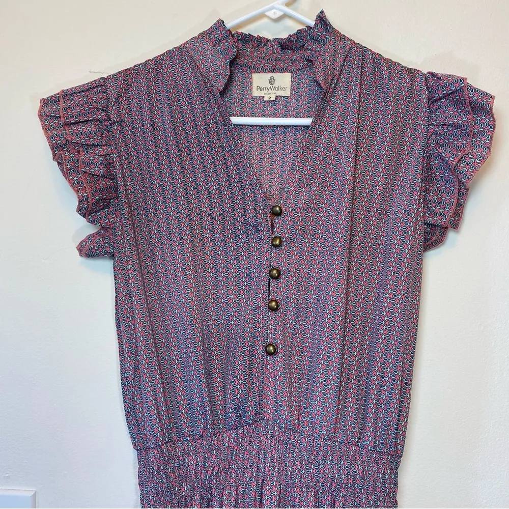 Perry Walker | Cornelia II Ruffle Sleeve Tiered Midi Dress Silk Pink/Blue Sz 6/8 Pink - Image 4