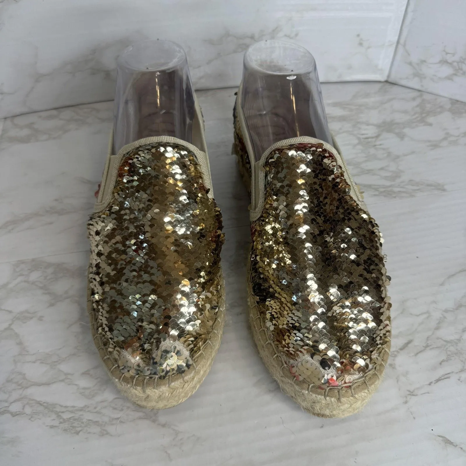 Toni Pons Shoes Womens SZ 10 Gold Floral flip Sequin Espadrille Platform Slip On - Image 5