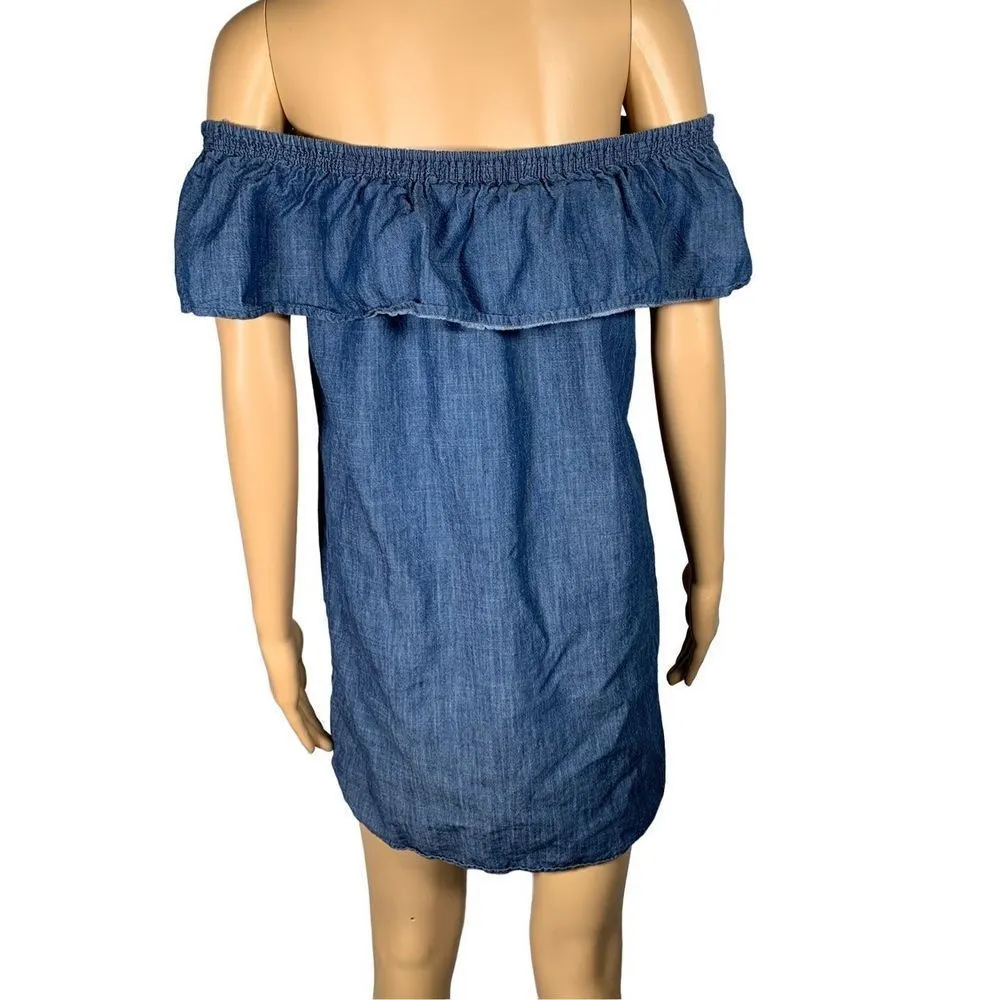 Soft Joie Nilima Off-The-Shoulder Chambray Ruffle Denim Mini Dress Blue Medium - Image 3