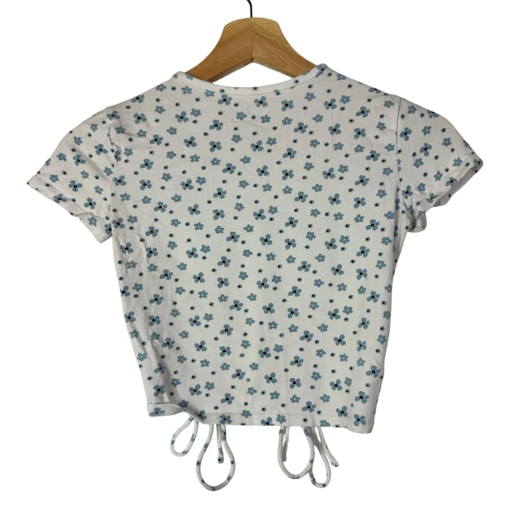Hollister White & Blue Floral Baby Tee Cinched Side Crop Short Sleeve Top XS - Image 2