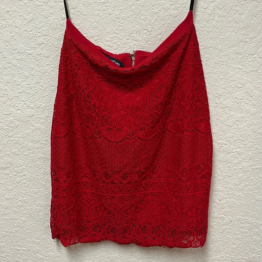 BEBE 2 PC Red Barbados Cherry Lace Skirt & Top Size XS - Image 6