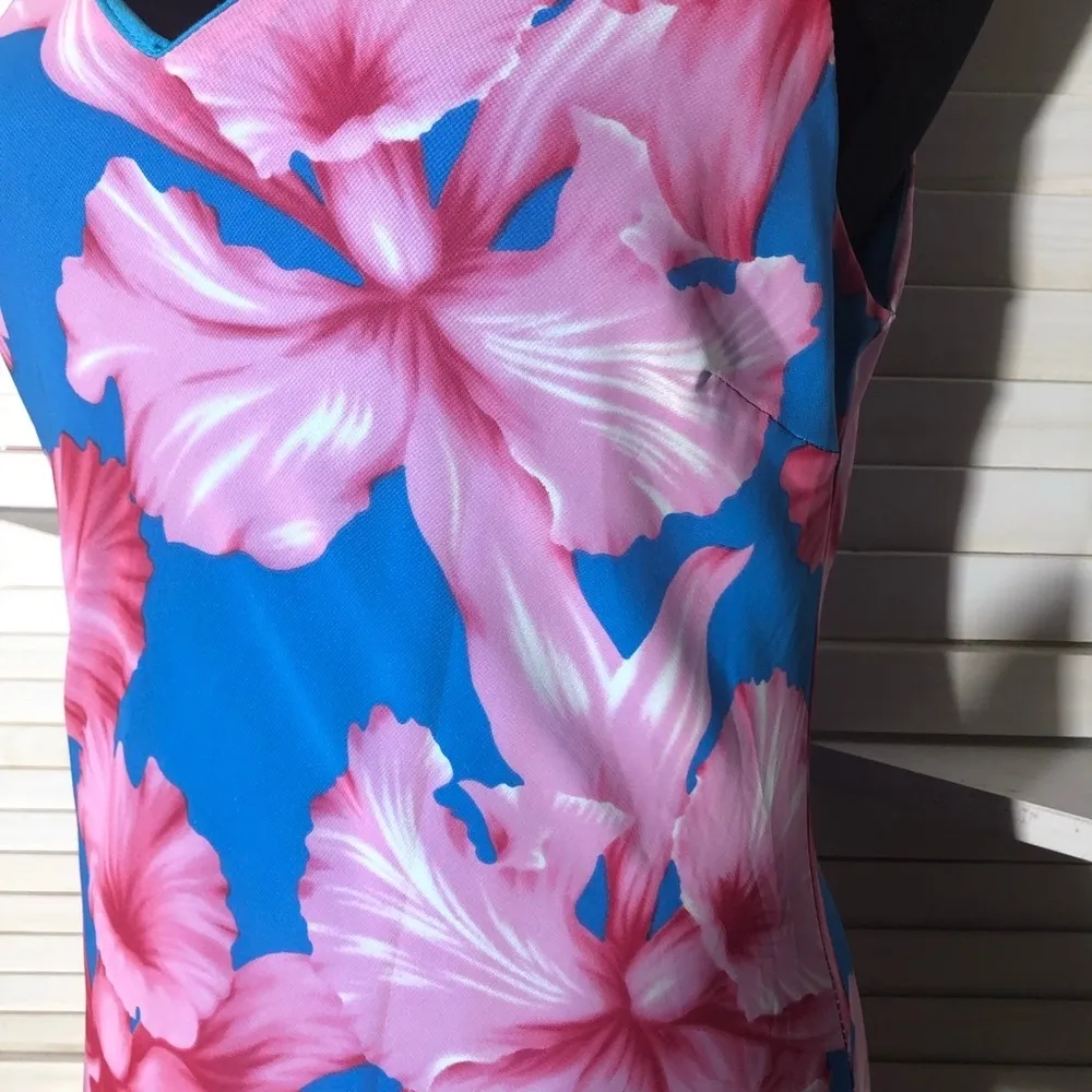 Vintage Y2K Midi Sundress Tropical Floral Print Teal Pink Size Medium - Image 10