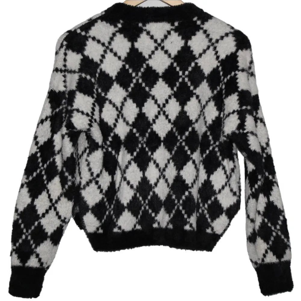 Women's Abercrombie & Fitch Black White Fur Argyle Crew Neck Sweater Top Size XS - Image 2