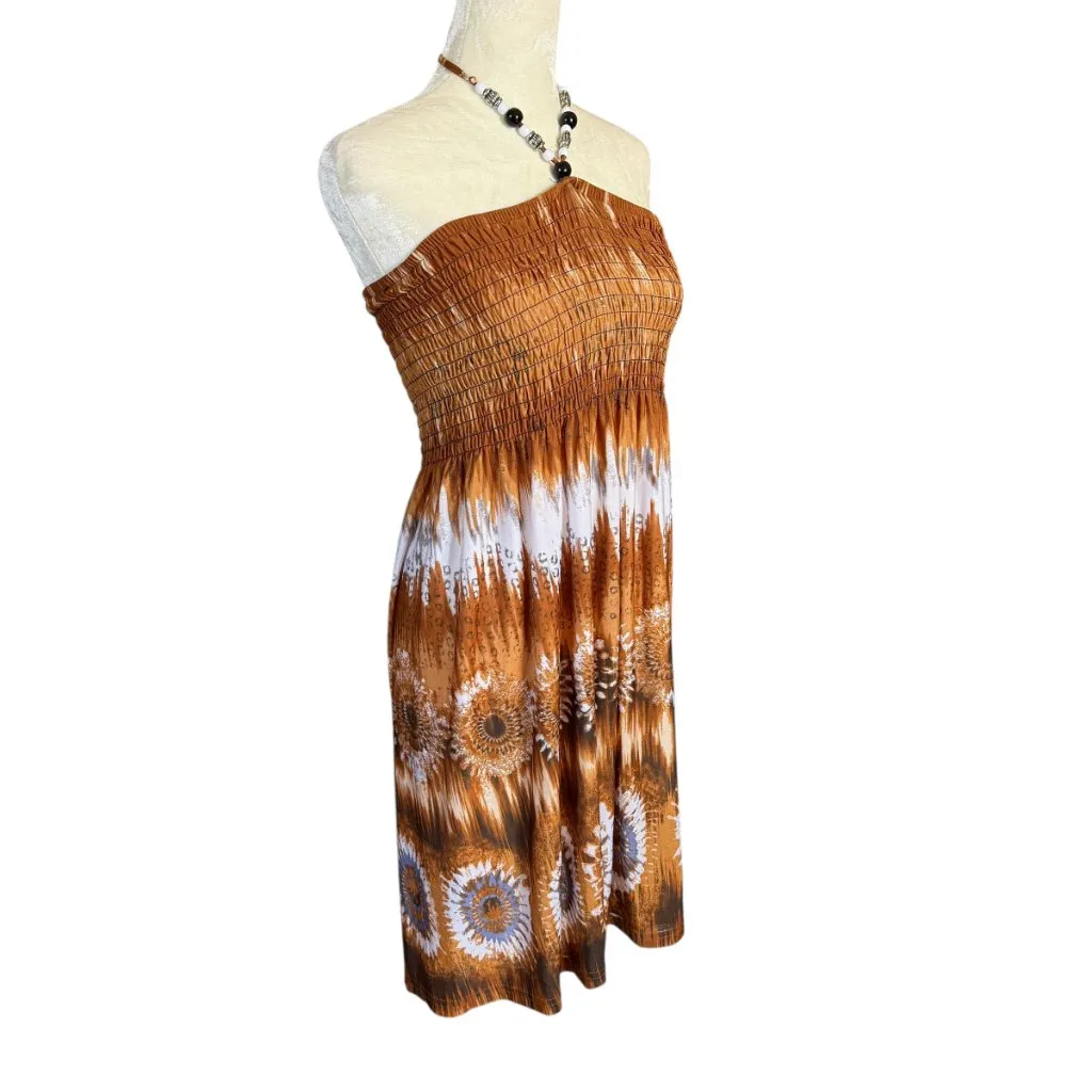 Paradise Contour brown white blue African print beaded tie dress size large - Image 2