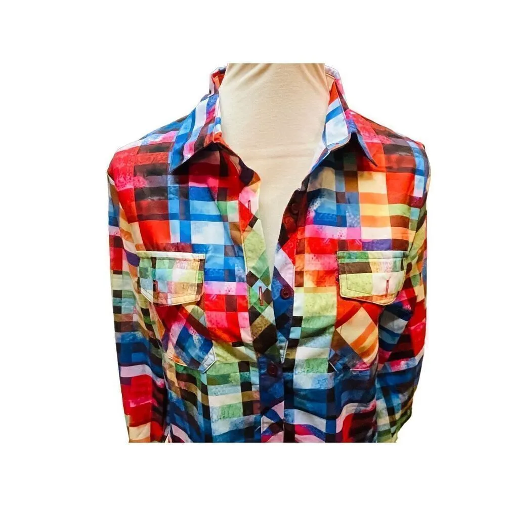 Unbranded Rainbow Checkered Button Down Long Sleeve Shirt Size Medium Red - Image 5
