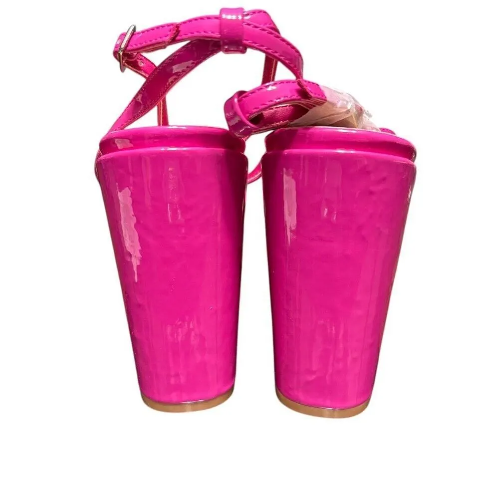 SHEIN Hot Pink Patent Block Heel Sandals Ankle Strap Barbiecore Party Y2K Sz 11 - Image 9