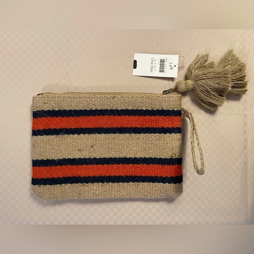 J. Jill NWT jute blue, orange & natural zip clutch bag w/tassel. - Image 3