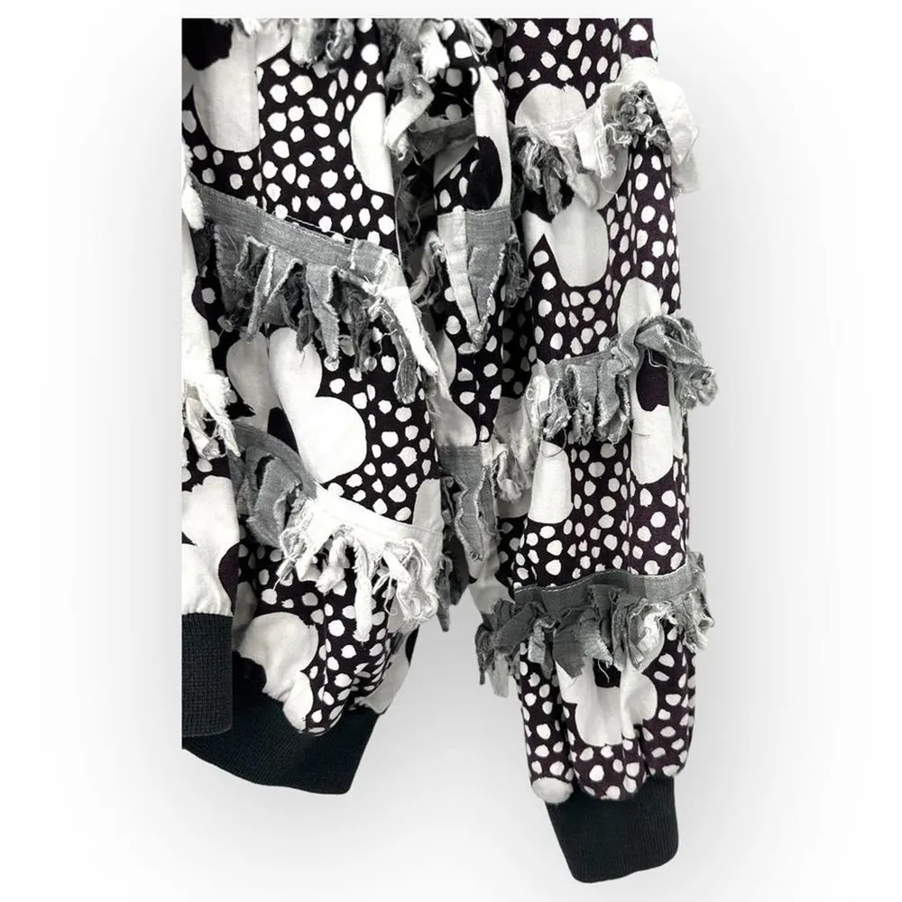 Vintage Paula Sweet Fringe Ruffle Flower Print Black White Bomber Jacket Size L - Image 5