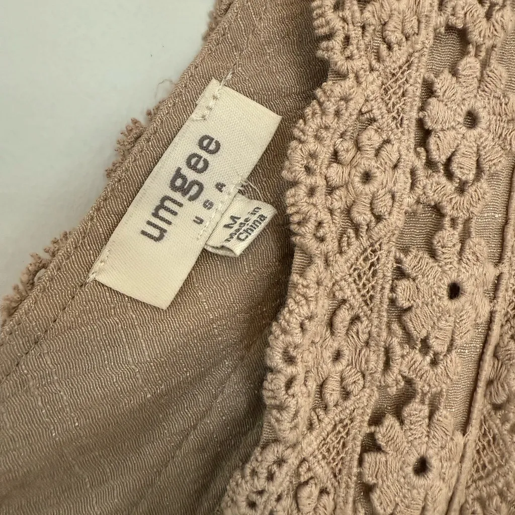 UMGEE Dress Medium Lace Ruffle Lined Mocha Brown Boho - Image 3