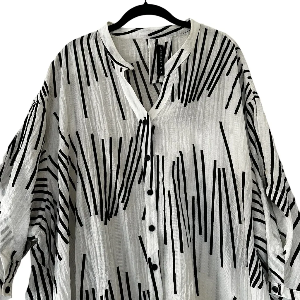 Gershon Bram Tunic Shirt Crepe Button Up Lagenlook Artsy Statement Size Large White - Image 2