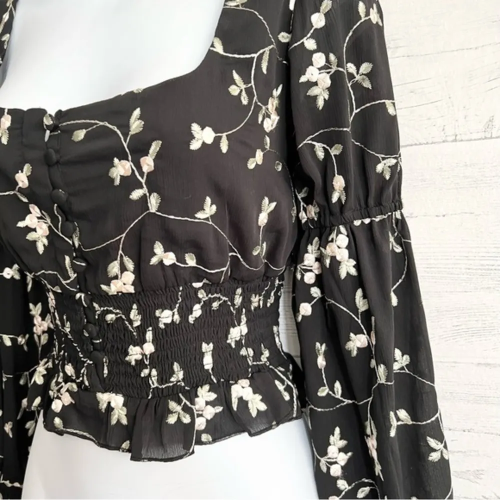 ACOA Black Square Neck Low Cut Floral Embroidered Blouse Size M - Image 2