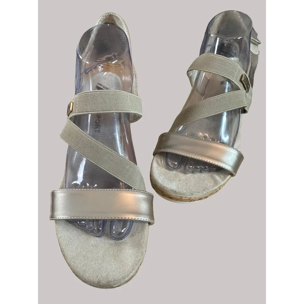 AK Anne Klein Sport Womens Wedge Sandals Strappy Beige Metallic Faux Leather - Image 2