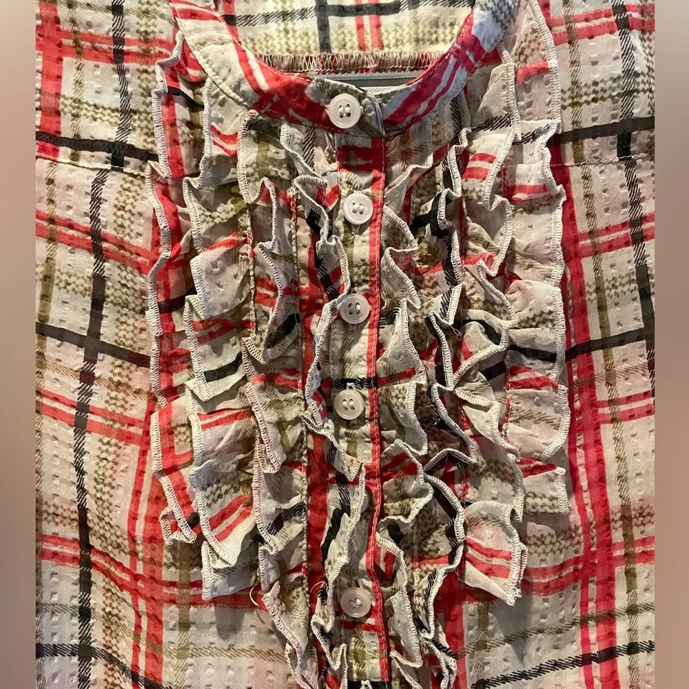 Outback Red Sheer Plaid Balloon Sleeve Ruffled Tunic Top Red Cream Size Small - Image 2