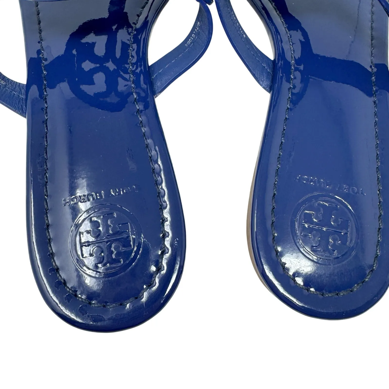 TORY BURCH Blue Patent Leather Miller Logo Sandals Slides Flip Flops Sz 7 - Image 4