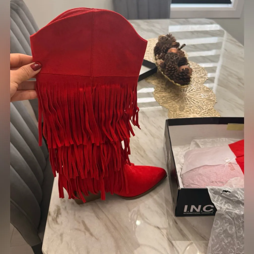Inc International Concepts Red Fringe Suede Women's Boots Size 8.5 NWT - Image 2