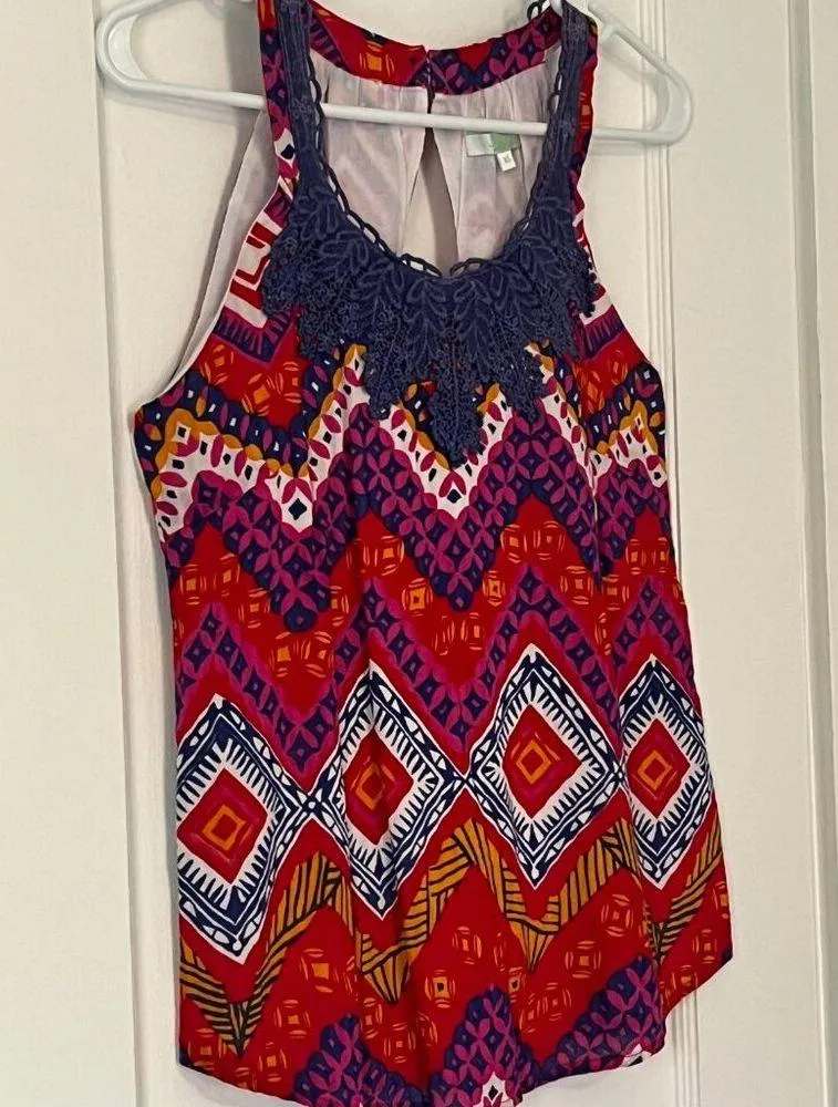 Jade Melody Tam boho geometric print lace bright keyhole 100% cotton size XS Purple - Image 2