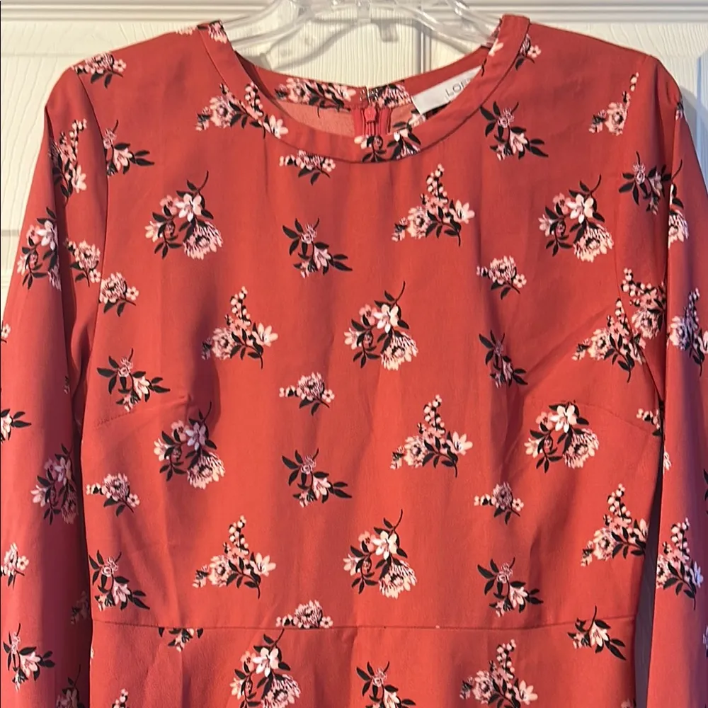 LOFT Coral Floral Long Sleeve Midi Dress with Bishop Sleeves Size 6 - Image 2