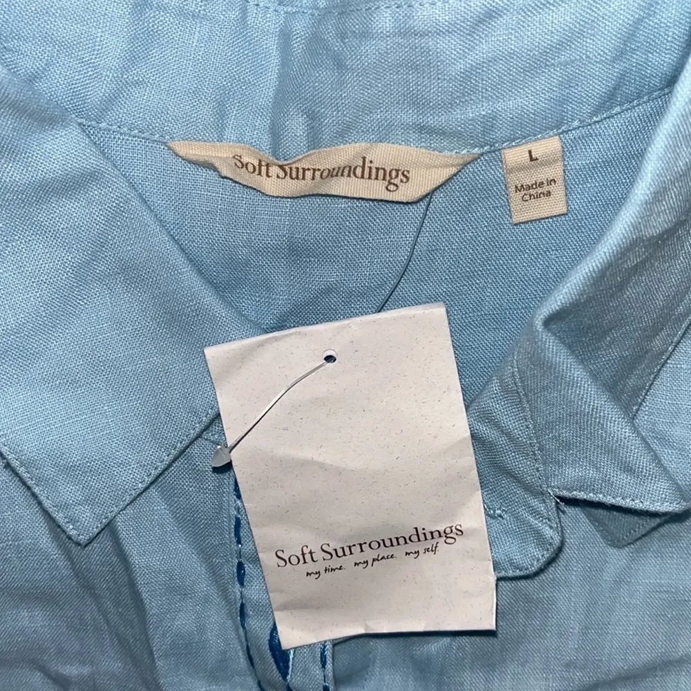 Soft Surroundings NWT Size L Blue Embroidery 100% Linen Button Down Shirt Top - Image 5