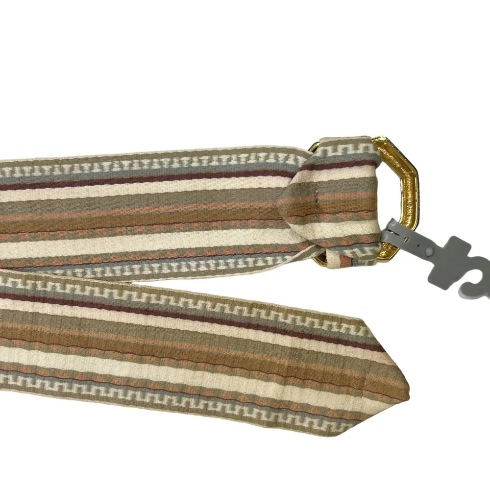 Vintage TJW by Mervyn’s Striped Wide Fabric Gold Octagon Buckle Belt Tan - Image 7