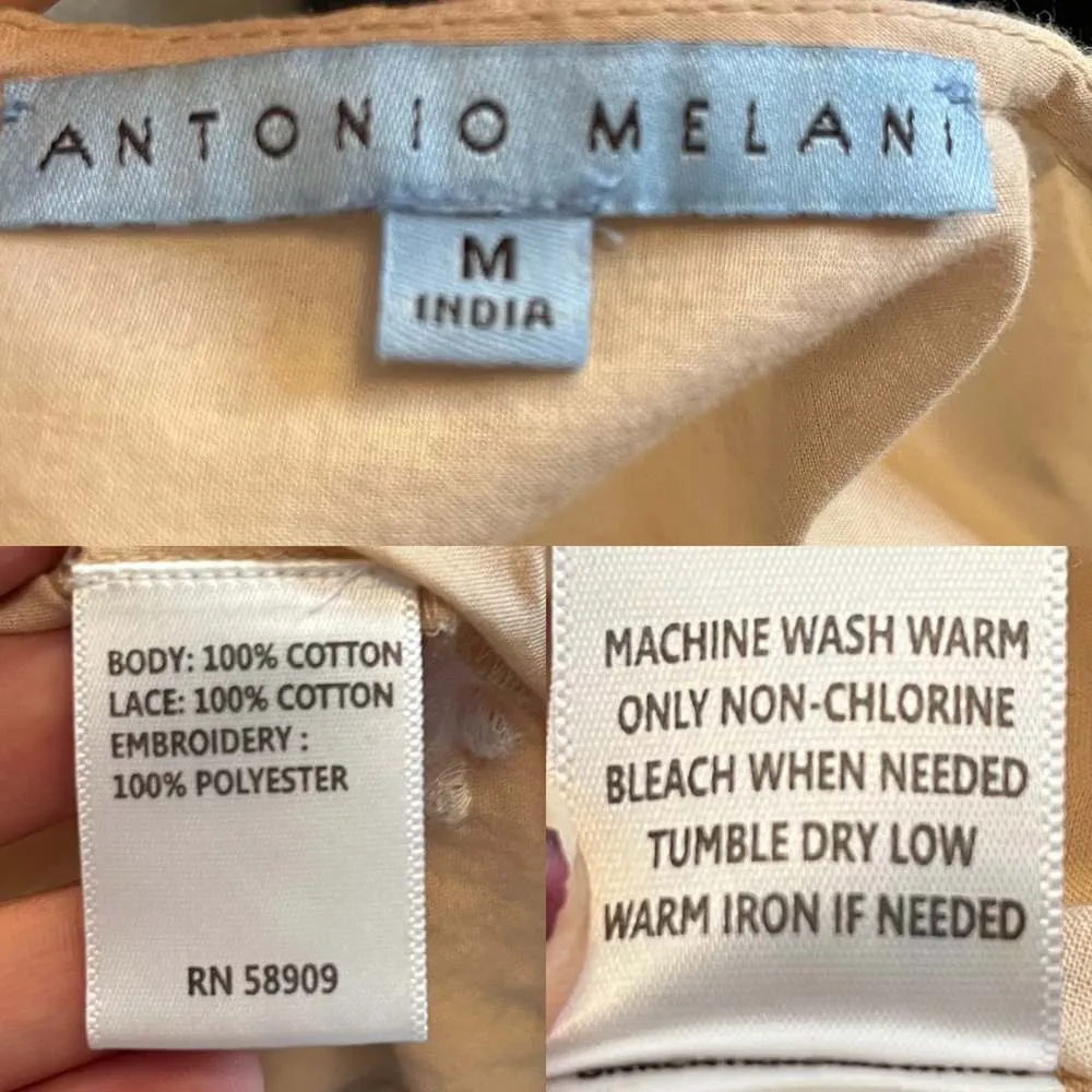 ANTONIO MELANI CoverUp Tunic Tan Embroidery Lace Details Bell Sleeves Neck Tie - Image 4