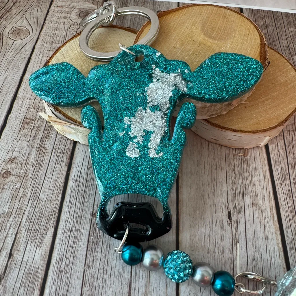 Hand Crafted Teal and Silver Cow Key Holder Blue - Image 3