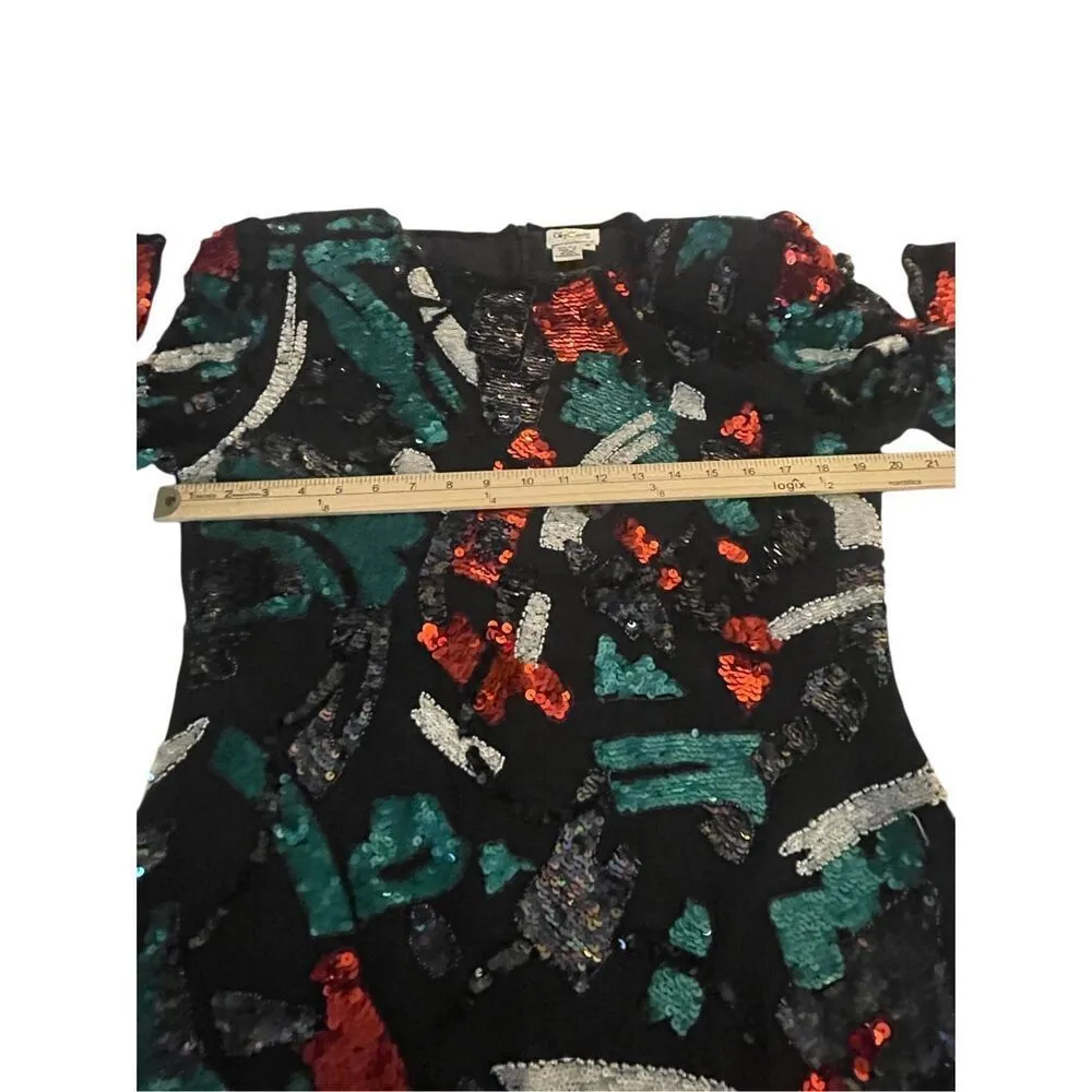 Vintage Oleg Cassini Floral Sequin Beaded 100% Silk Blouse M Party Holiday Red Size M - Image 12