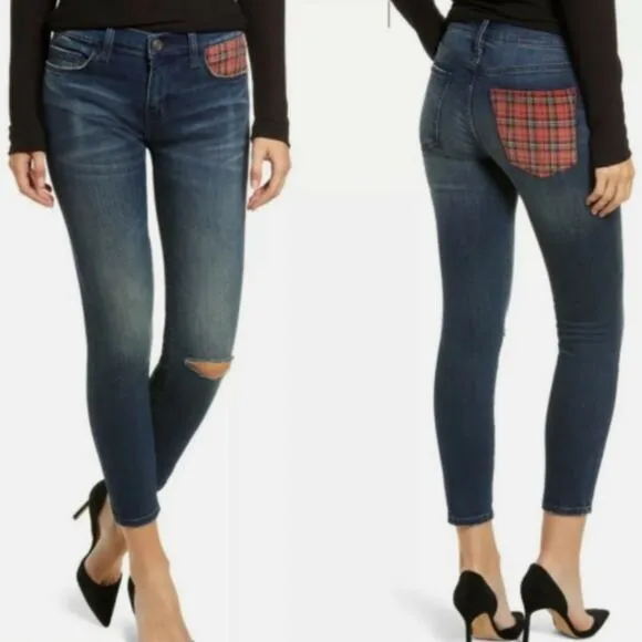 Current Elliott Denim Blue Jeans Red Plaid Patch Pockets Skinny Womens Size 27 - Image 2