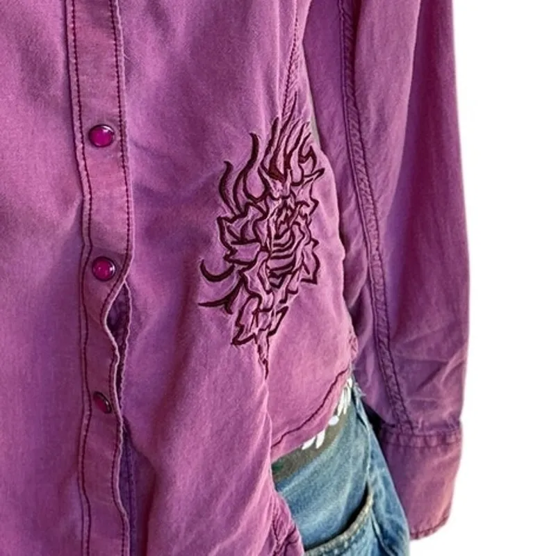Rock & Roll Cowgirl Pink Embroidered Western Shirt LARGE Angel Wing Western RARE - Image 7