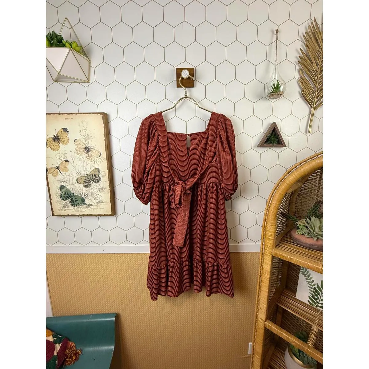 Moon River Rust Colored Velvet Square Neck Mini Dress - Size - Small - Image 4