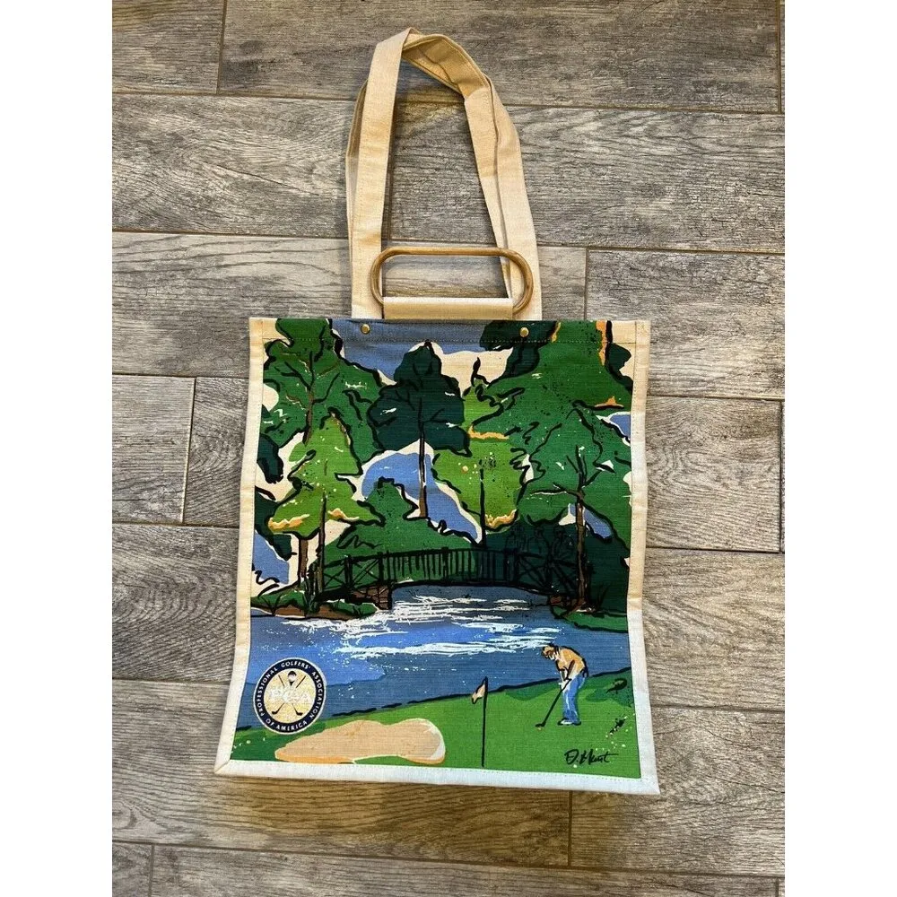 PGA Tour Golf Tote Bag Canvas Artist Signed Wood Handles Art Collectible New Vtg - Image 3