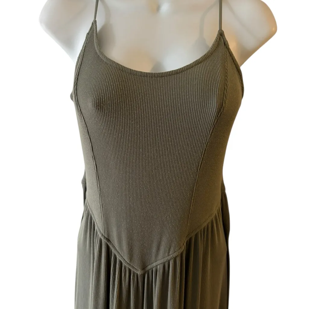 AE Soft and Sexy Rib Wide-Leg Jumpsuit Sz L Olive Green Stretch Comfy Relaxed - Image 4