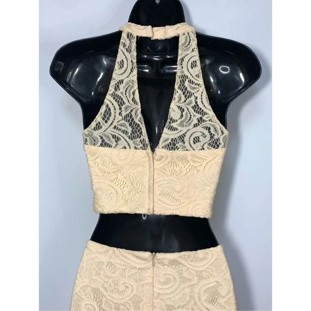Anny Lee Women's Two-Piece Lace Halterneck Long Gown Cream Size XS - Image 8