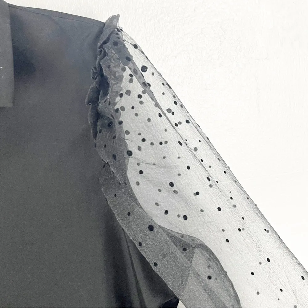 ZARA Black Sheer Long Puffy Sleeves Button Blouse, Size Medium - Image 7