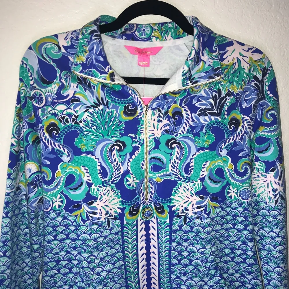 Lilly Pulitzer Top Skipper Popover Blue Grotto Green Teal w/ Gold Zipper XS NWT - Image 2