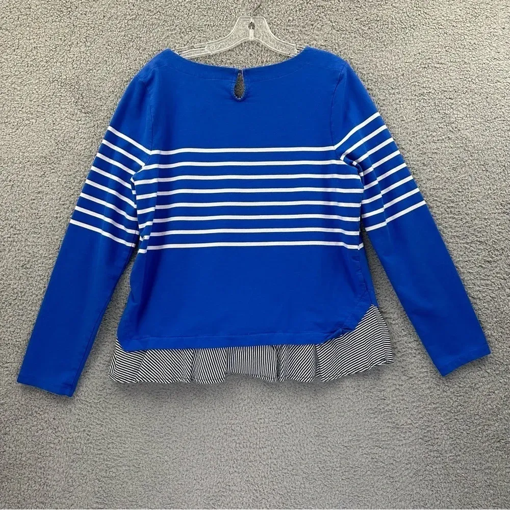 Crown &‎ Ivy Long Sleeve Top Beaded Elephant Blue White Striped Women's Large - Image 4