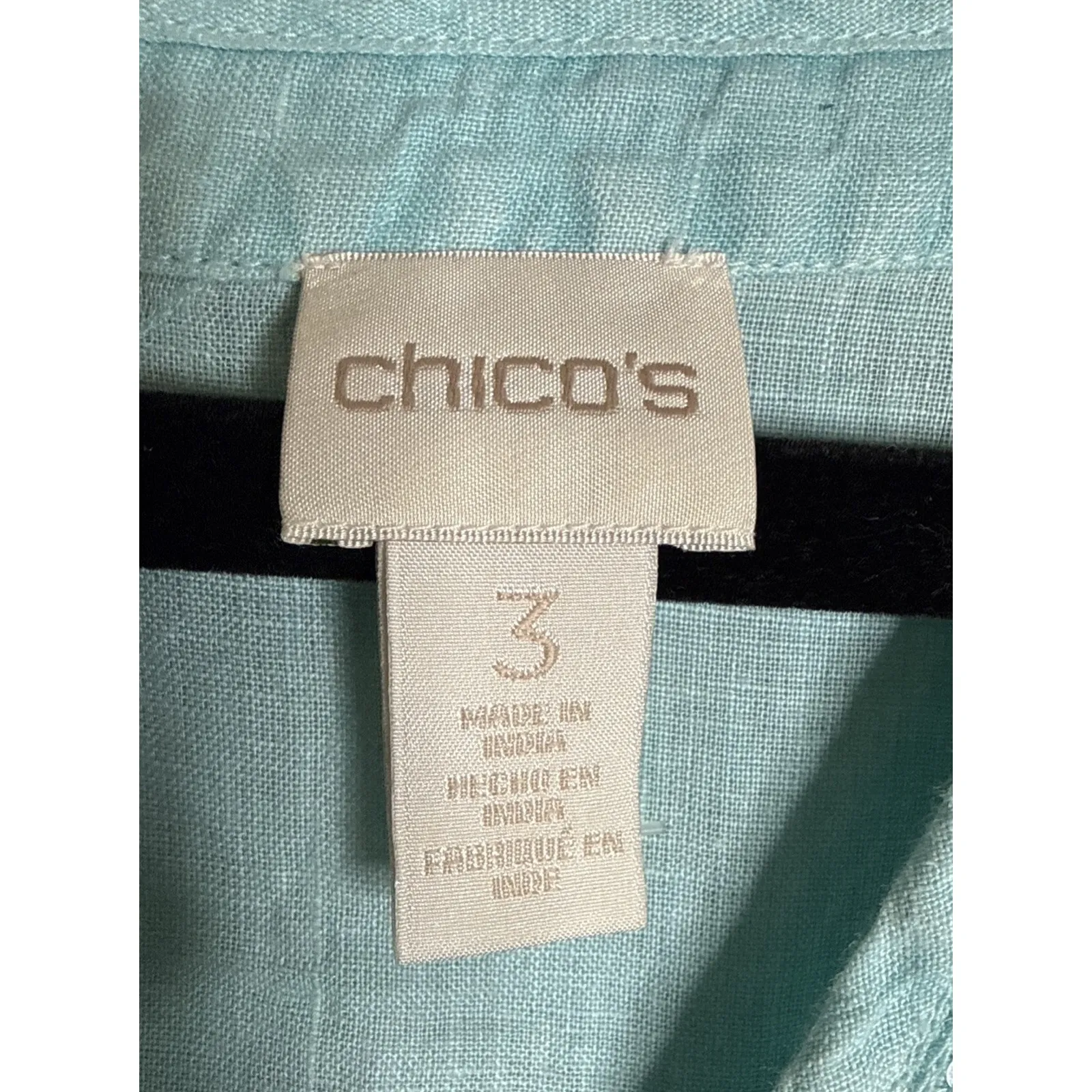 Chicos 3 US XL Sequin Turquoise Embroidered Linen Top Blouse Sheer Beach Travel - Image 5