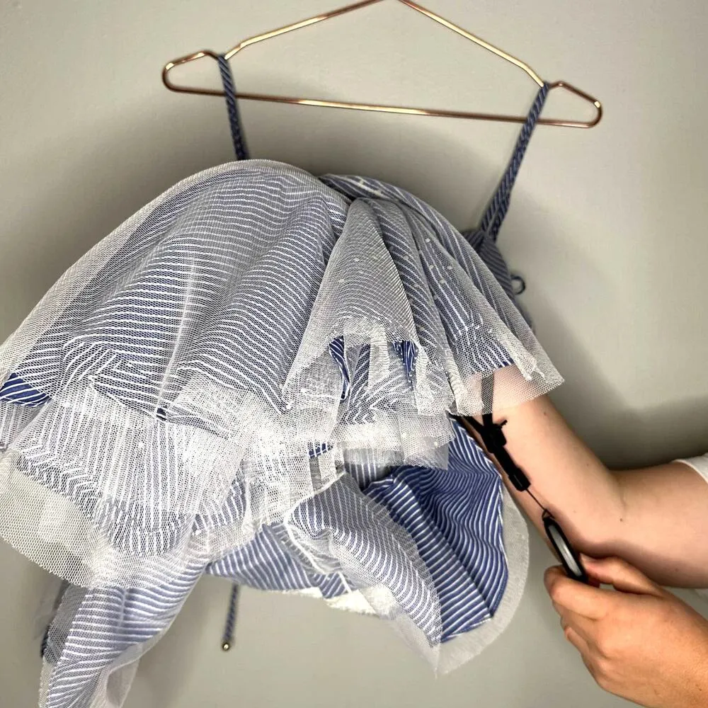 Prabal Gurung Halter Tulle Tiered Midi Maxi Dress Striped Blue Lace Overlay Sz 4 - Image 12