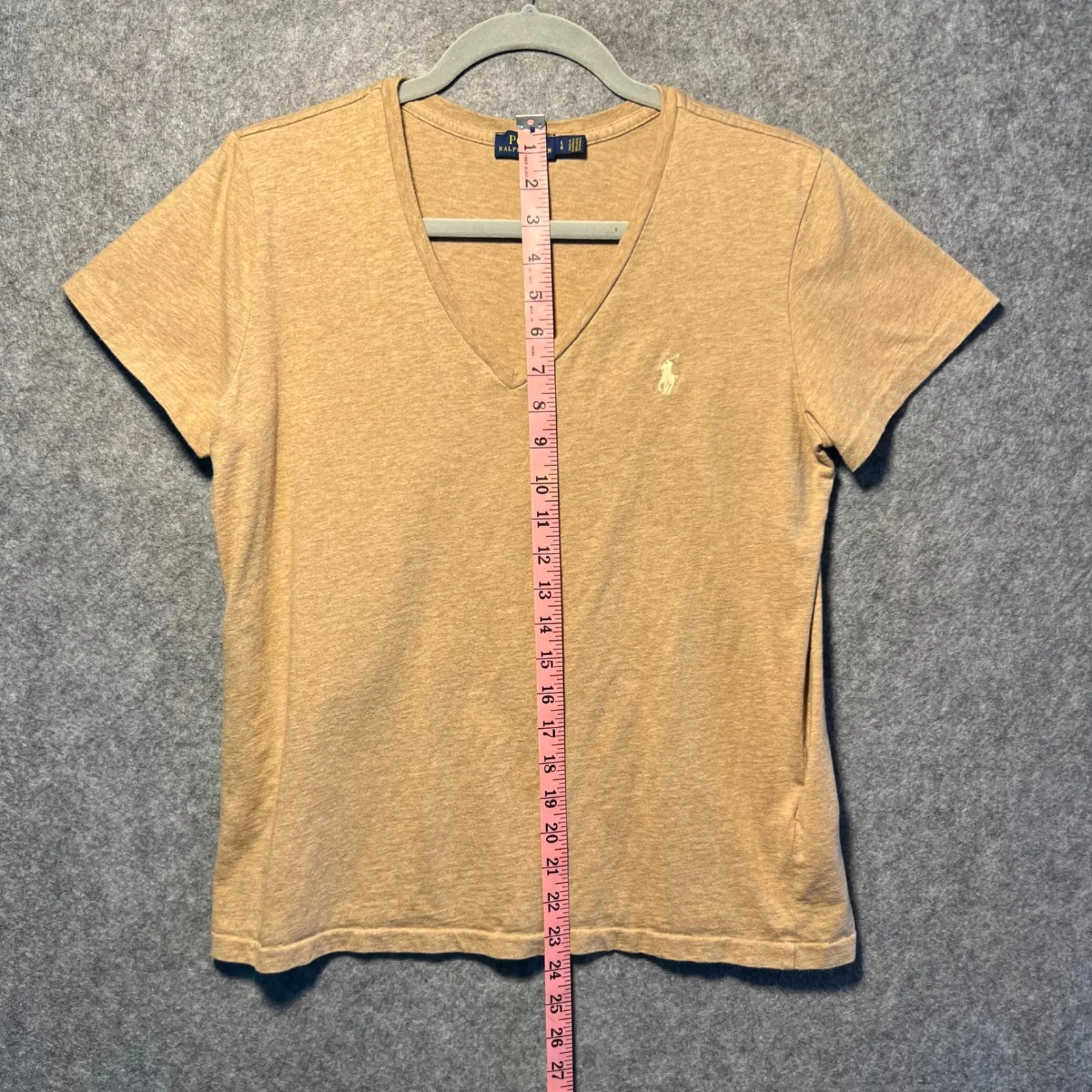 Polo Ralph Lauren V Neck T Shirt Womens Large Tan Short Sleeve Pony Logo Tee - Image 4