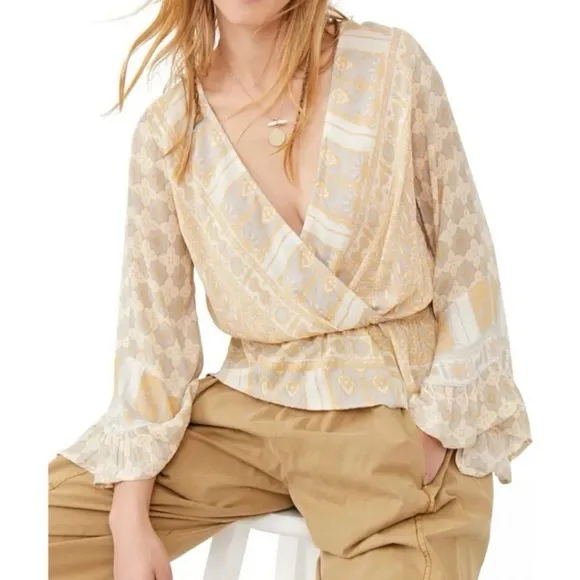 Free People Yellow and Cream Blouse - Image 4