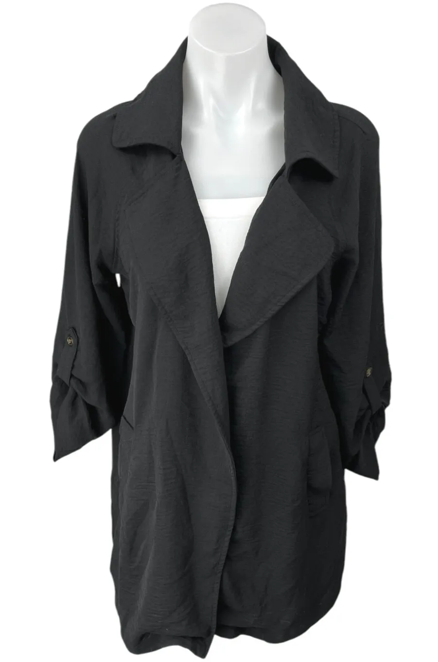 Adyson Parker Black Roll Tab Sleeve Open Front Collar Blazer Over Coat Jacket S - Image 1