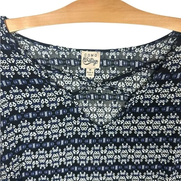 Como Vintage blue ruffle hem boho tunic top multi print flare sleeve plus sz 1x - Image 6