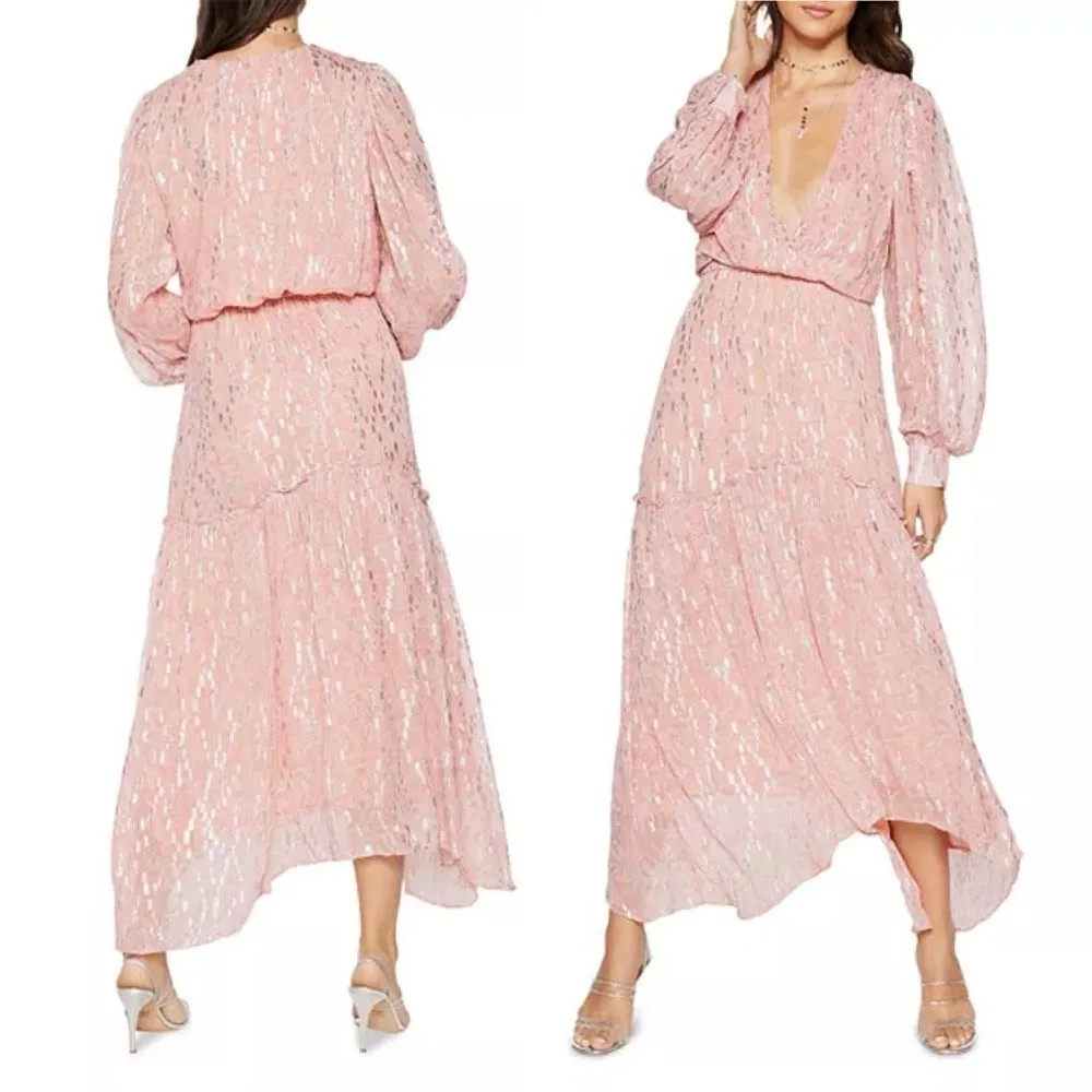 Ramy Brook Ora Metallic Print Maxi Dress Soft Pink Silver Size Small Long Sleeve - Image 10