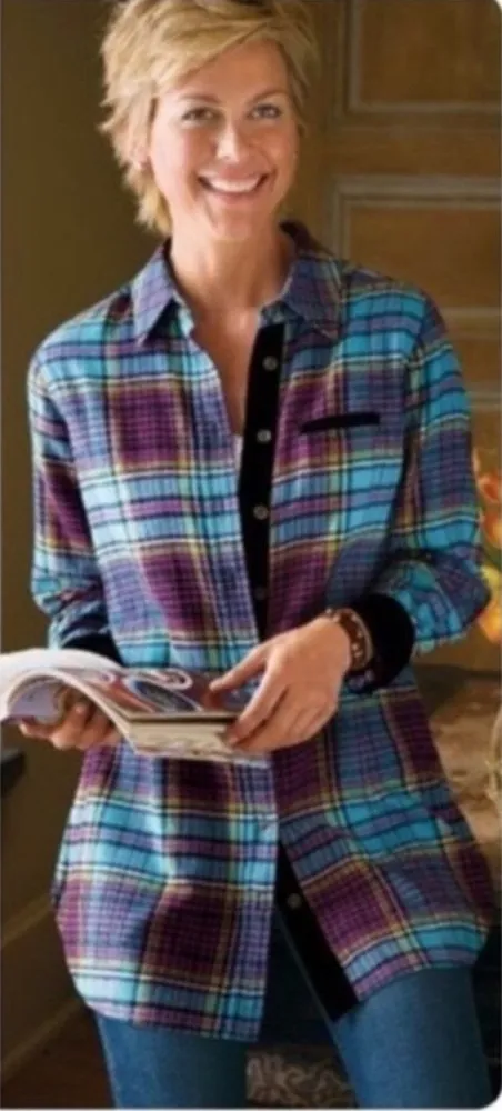 Soft Surroundings Blue Plaid Highlands Flannel Button Shirt Womens Size Medium - Image 1