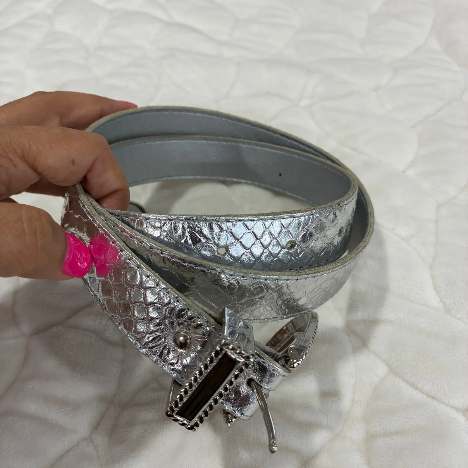 VTG Accessories by Pearl‎ Silver Snakeskin Genuine Leather Casual Belt Large - Image 8