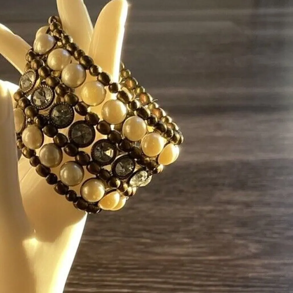 Vintage Faux Pearl & White Rhinestone Bronze Tone Multi Chain Strand Bracelet - Image 4