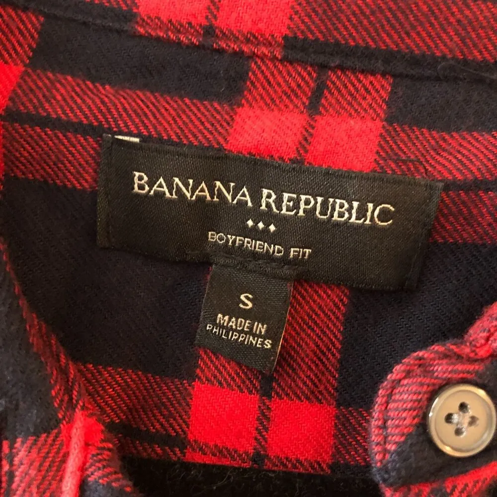 Banana Republic Womens Boyfriend Fit Flannel Shirt Plaid Red Navy Blue S - Image 3
