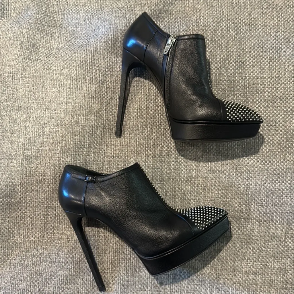 SAINT LAURENT PARIS Black Micro Studded Ankle Heel Boots - Image 12