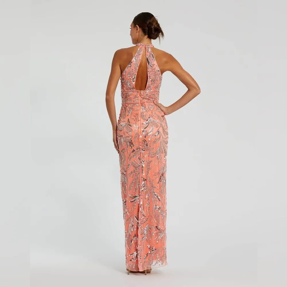 MAC DUGGAL 6030 Womens High Neck Embellished Mesh Gown With Slit Dress Coral - Image 5