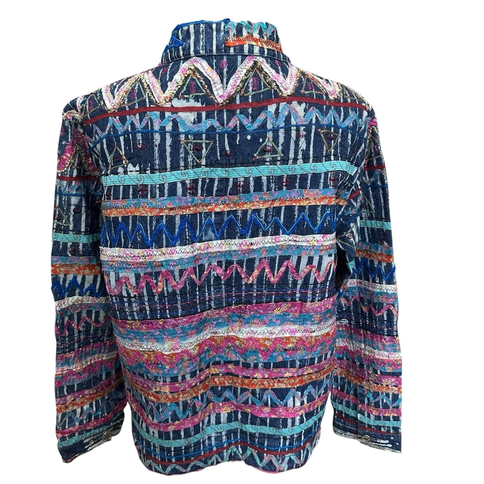 Chico's Denim Jacket Women's Size 2 (12/14) Blue Colorful Ribbon Art To Wear - Image 4